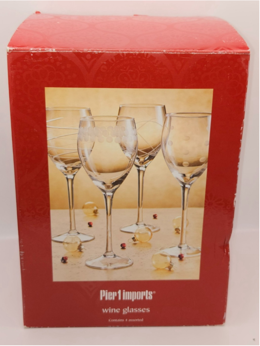 Vintage Pier 1 Imports Assorted Etched Wine Glasses Set of 4 Retired Never Used